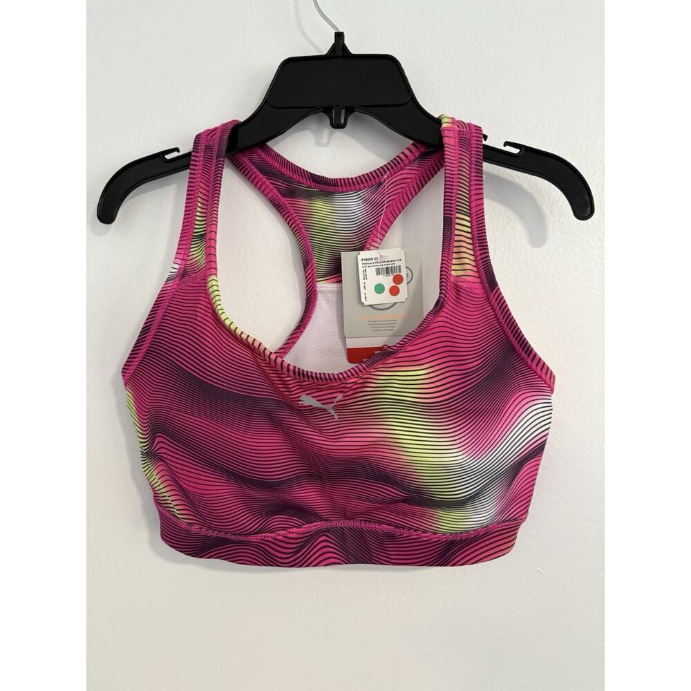 PUMA PWRSHAPE Forever Graphic Sports Bra Pink Glo Periscope Sharp Green Small